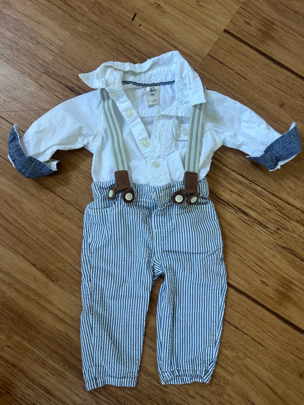 Baby Boy White Shirt with Blue-Striped Suspender Pants Matching Set